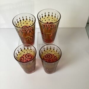 Cerve Set of 4 Hand Painted Amber Red Gold Swirl Diamond Drinking Glasses